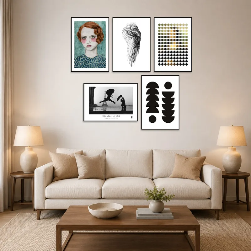 Abstract portrait with wings and dots hangs above a modern sofa.