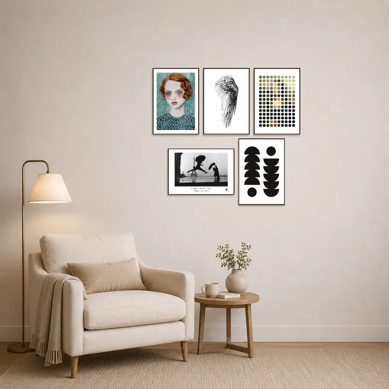 Intriguing portrait with dots complements the cozy reading nook.