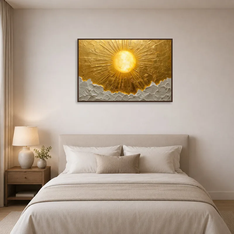 Peaceful golden sunrise print enhancing a calm bedroom ambience.