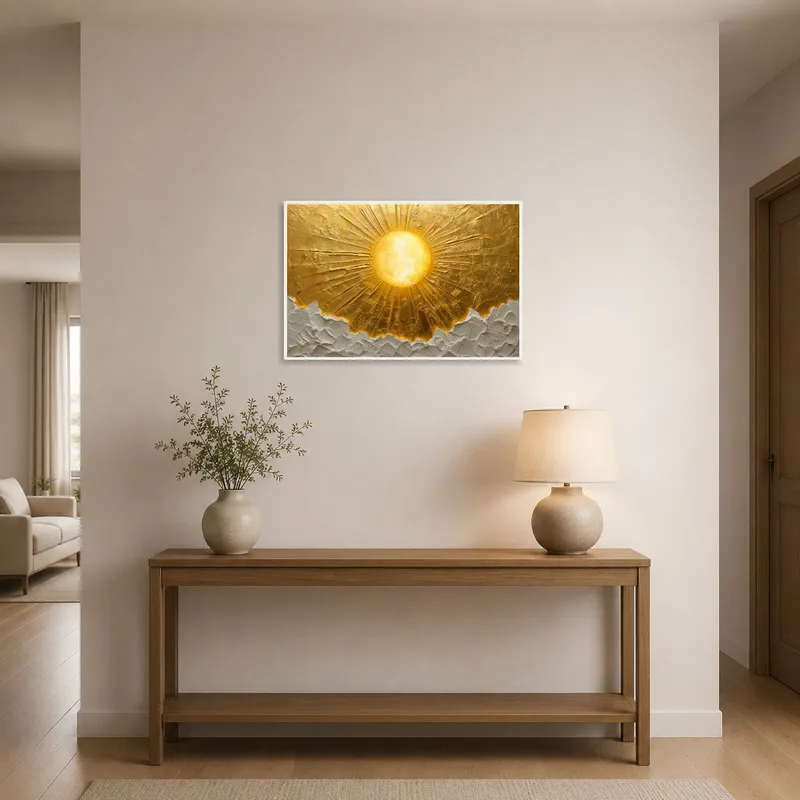 Textured art of a golden sunrise greeting guests in an entrance hall.