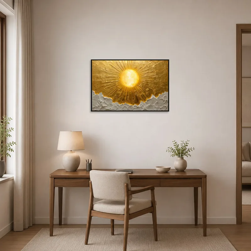 Sunrise art adding warmth to a focused home office area.