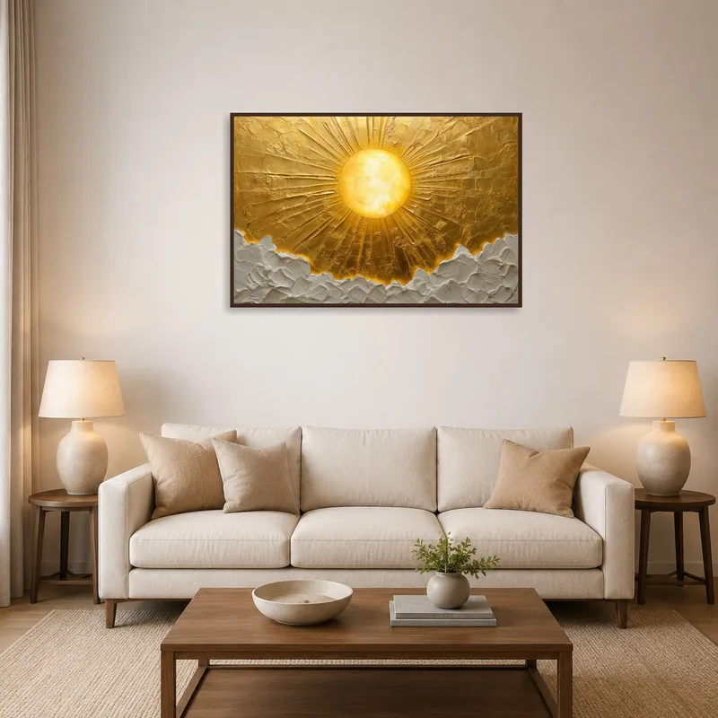 Radiant Golden Sunrise artwork above a sofa in a cozy living room.