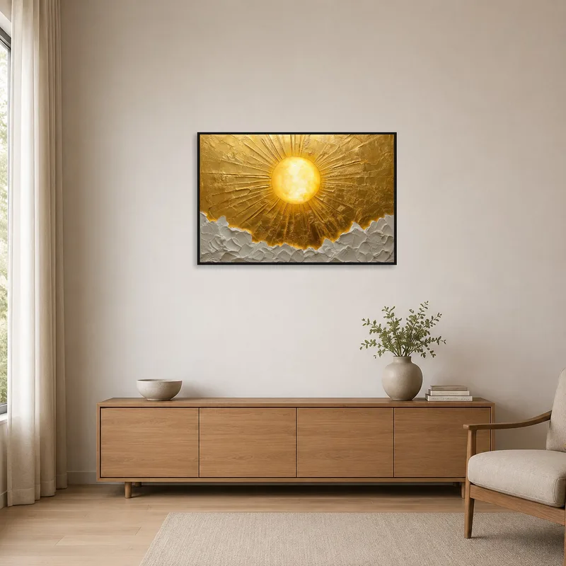 Golden Sunrise print on a clean white wall in a minimalist space.