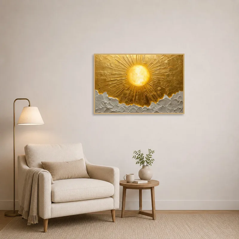 Warm sunrise art creating a serene vibe in a reading corner.