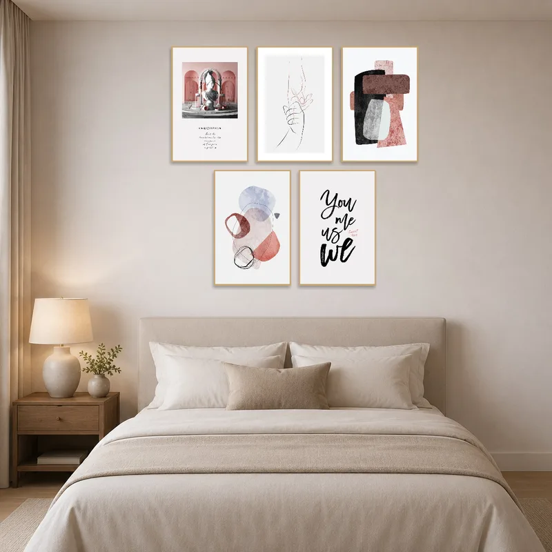 Set of five artworks enhancing the relaxing ambiance of a bedroom.
