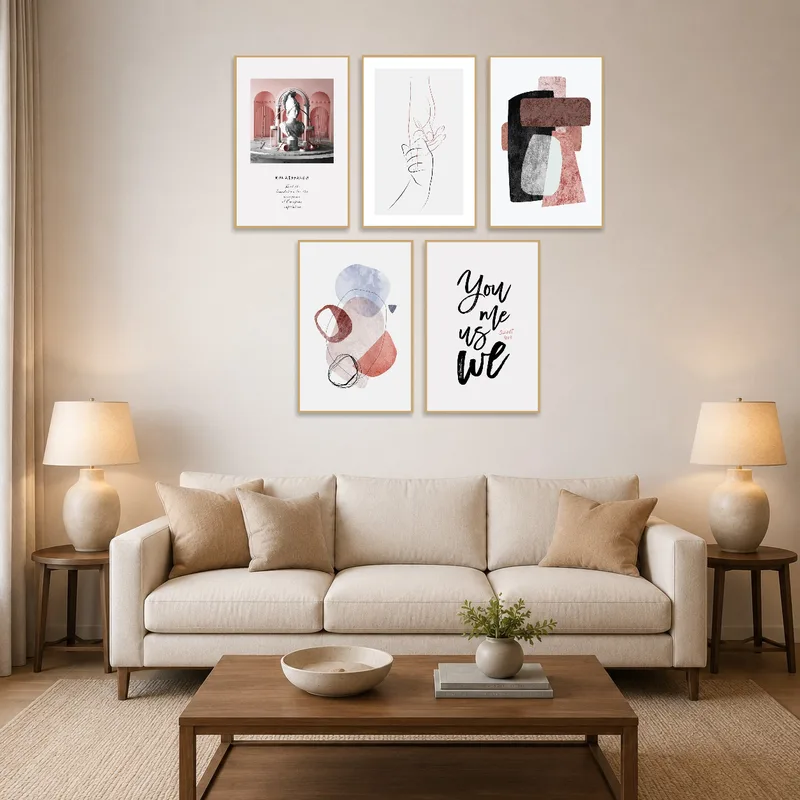 Renaissance and abstract art set in a cozy living room with plush sofas.