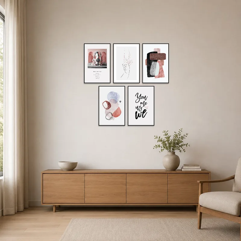 Art series adds subtle elegance to a minimalist room with clean lines.