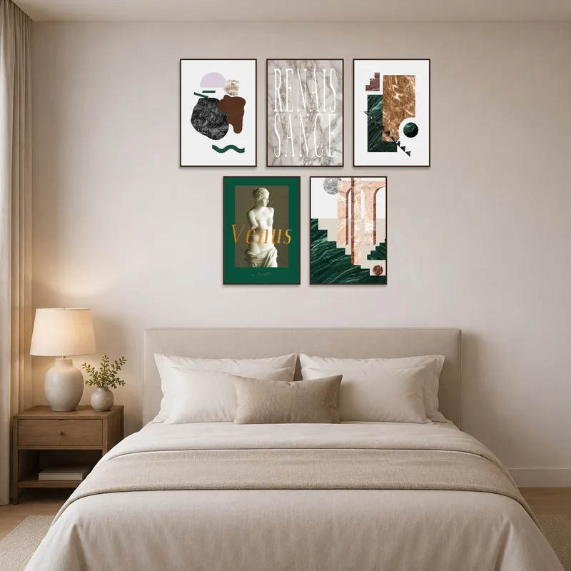 Serene bedroom with the Venus statue art set above the bed, creating a tranquil atmosphere.