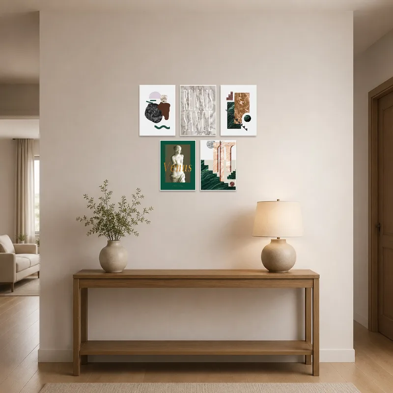Art set of Venus statue welcomes guests in an entrance hall with elegant flooring and soft lighting.