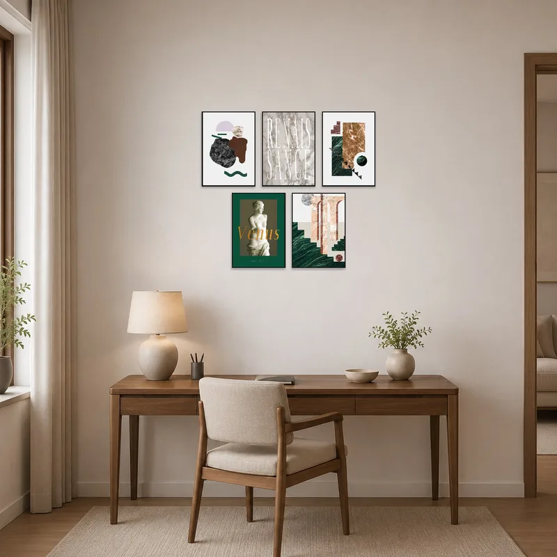 Marble art set with Venus statue enhancing a sophisticated home office with a tidy desk.