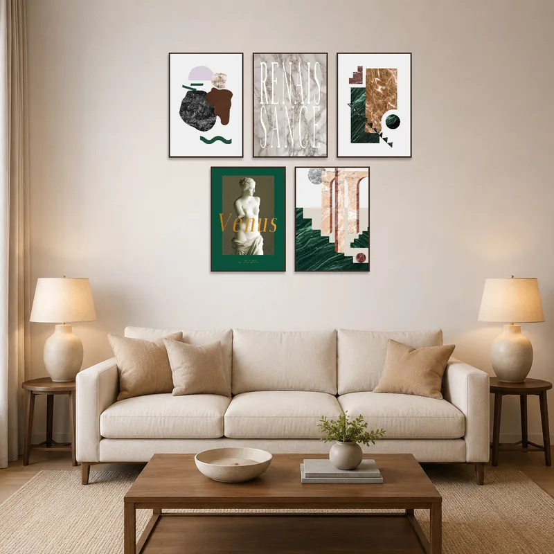 Renaissance marble art set with Venus statue in a stylish living room above a modern sofa.