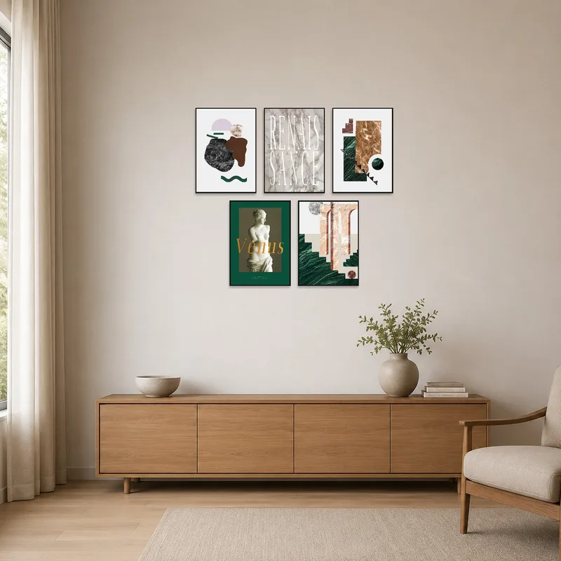 Marble art set featuring the Venus statue in a minimalist room with bare white walls and sleek furniture.