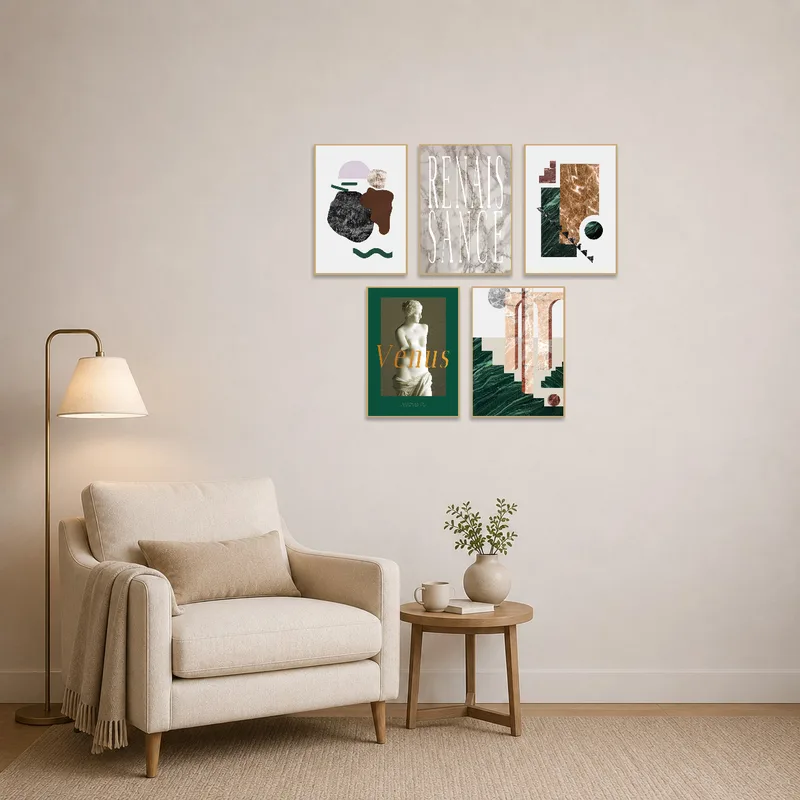 Renaissance Venus statue art adorning a cozy reading corner surrounded by books and a soft chair.