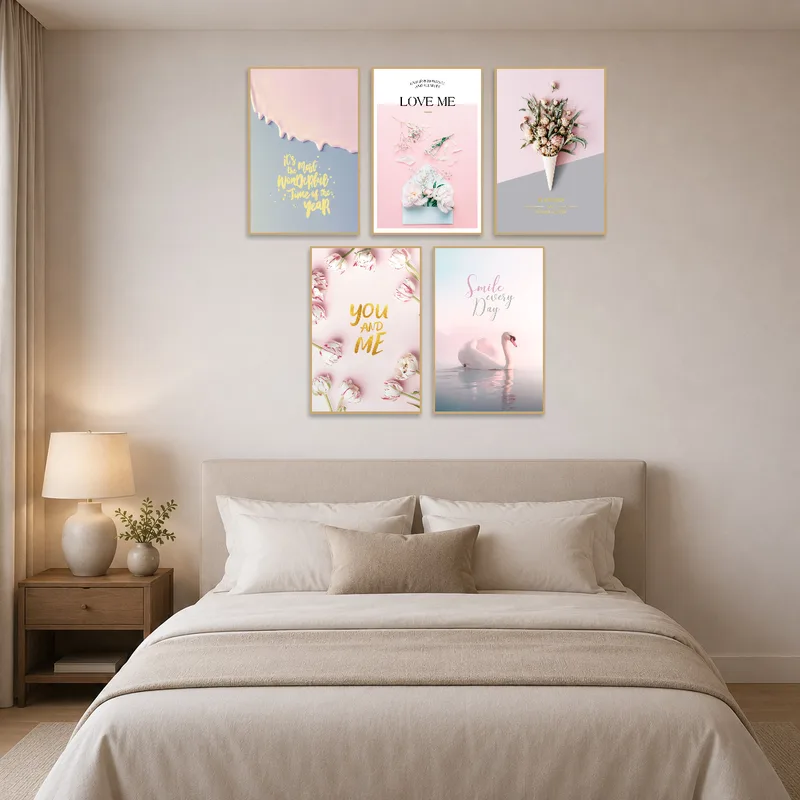 Romantic and calming art set on a bedroom wall, creating a serene atmosphere.
