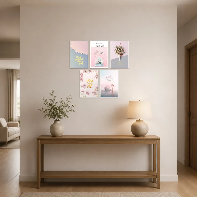 Inspiring and romantic art set greeting guests in an entrance hall.