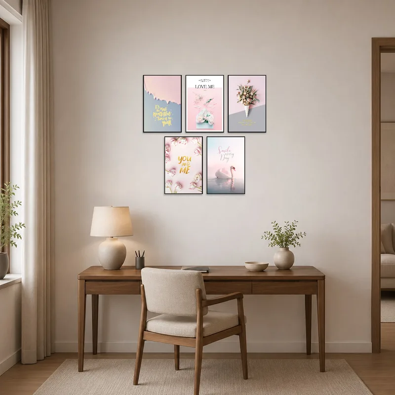 Inspirational and romantic art pieces energizing a home office space.