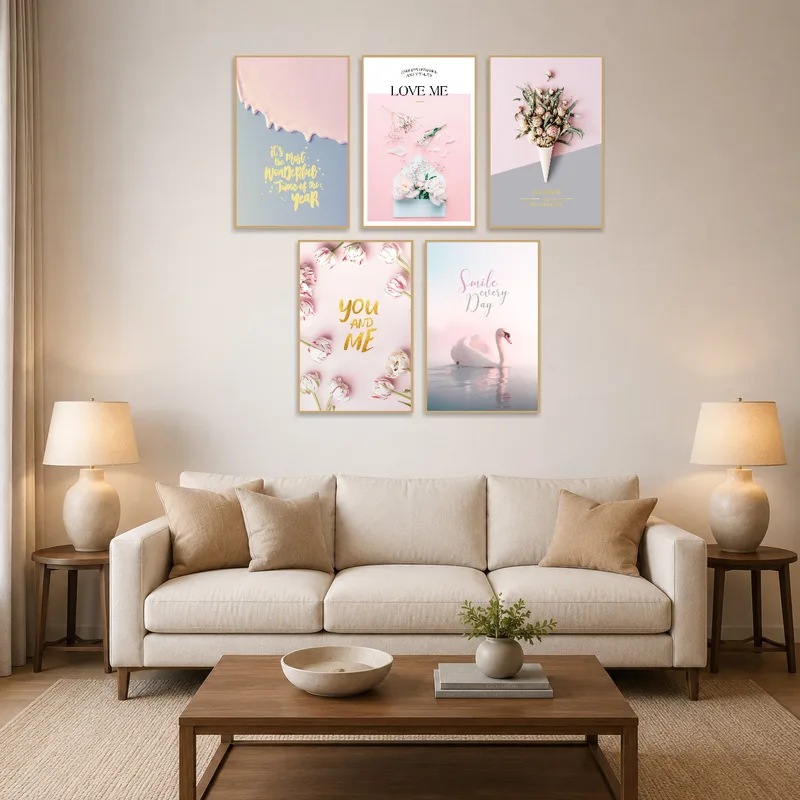 Romantic and inspirational art pieces on a living room wall, enhancing the cozy ambiance.