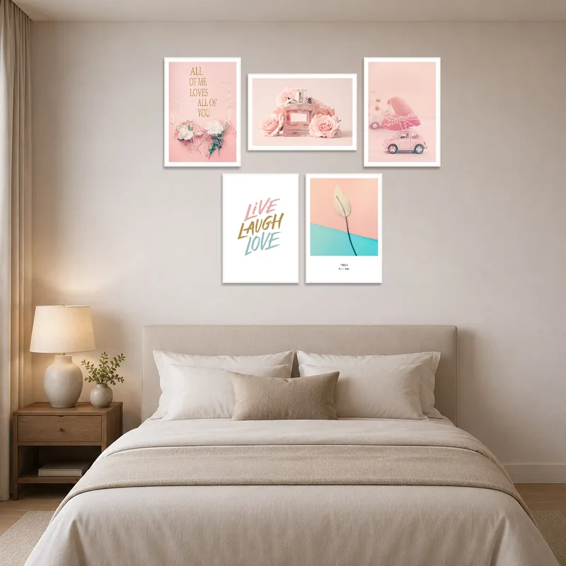 Set of prints with floral designs on bedroom wall, adding a serene atmosphere.