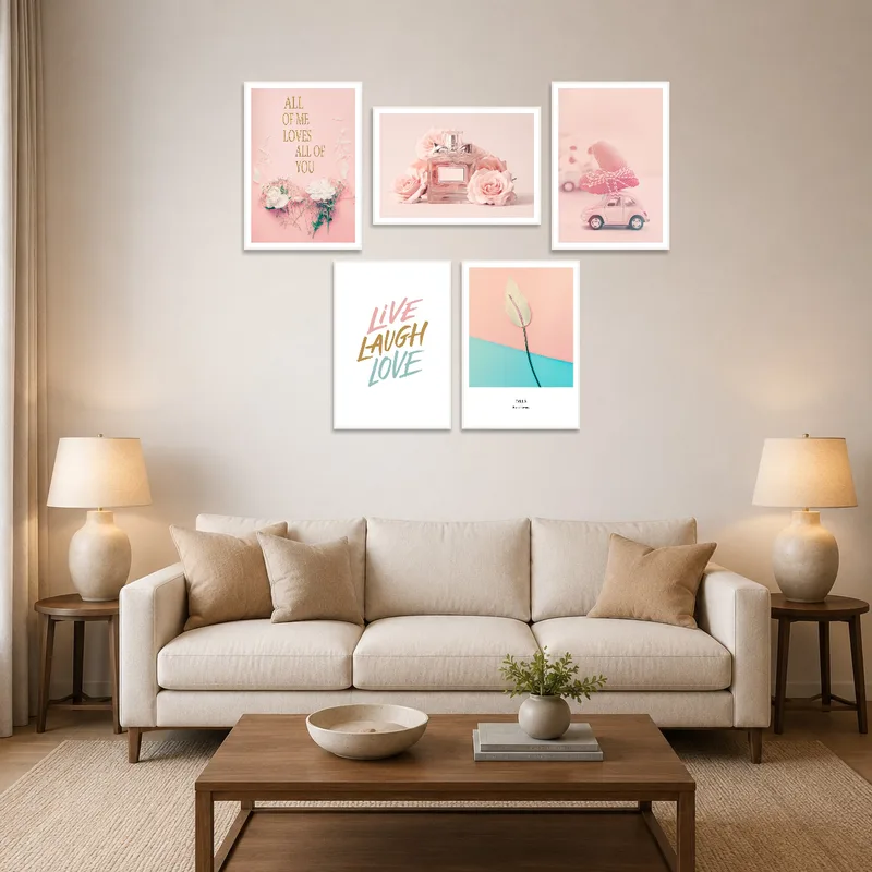 Print set with romantic florals on living room wall above a cozy seating area.