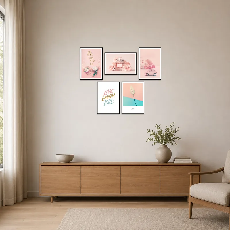 Floral and inspirational prints in a minimalist room with simple, sleek furniture.