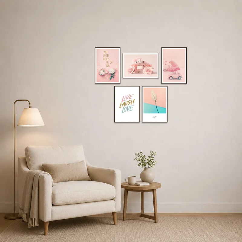 Inspirational print set enhancing a reading corner with soft, ambient lighting.