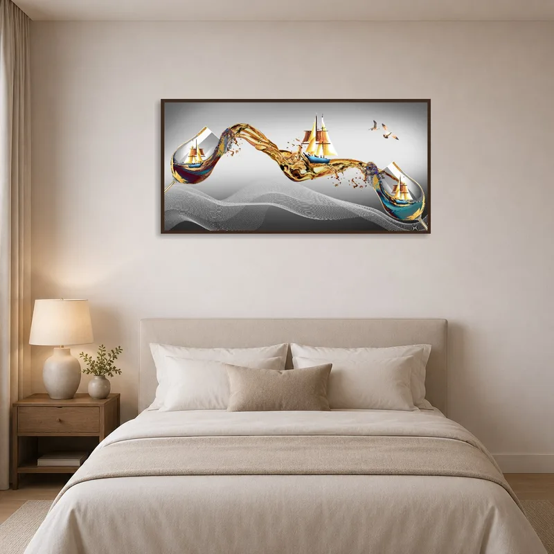 Bedroom adorned with abstract sailing ships in a wine wave design.