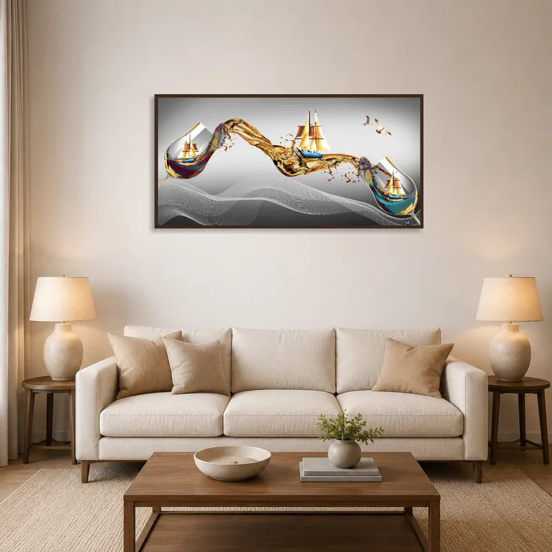 Abstract wine wave art of sailing ships hanging in a cozy living room.