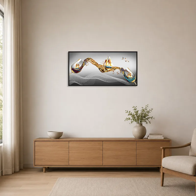 Minimalist space featuring abstract sailing ships in wine wave art.