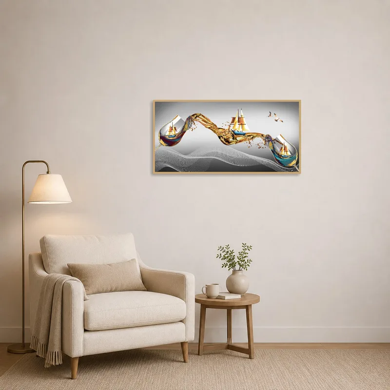 Reading corner with abstract sailing ships against a wine wave theme.