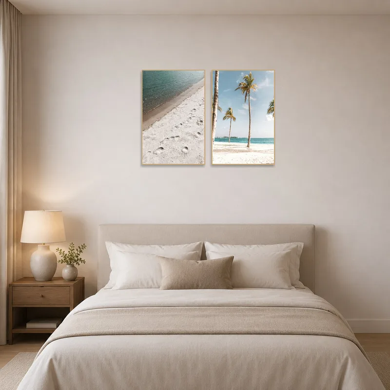 Serene beach art enhancing a tranquil bedroom ambiance.