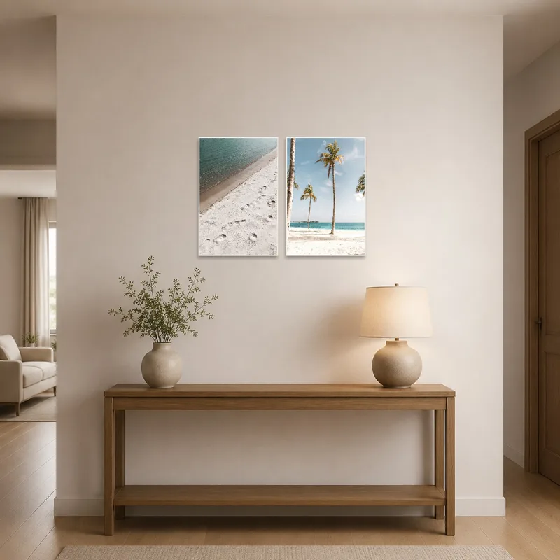 Beach scene displayed welcomingly in an entrance hall.