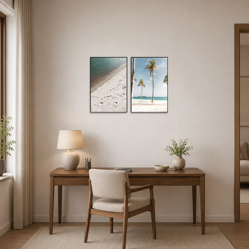 Palm tree artwork adding calm to a focused home office.