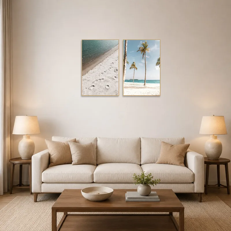 Serene beach artwork above a cozy sofa in the living room.