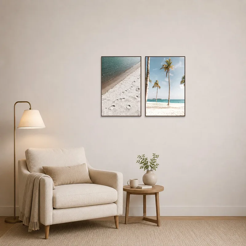 Relaxing palm tree art next to a cozy reading chair.