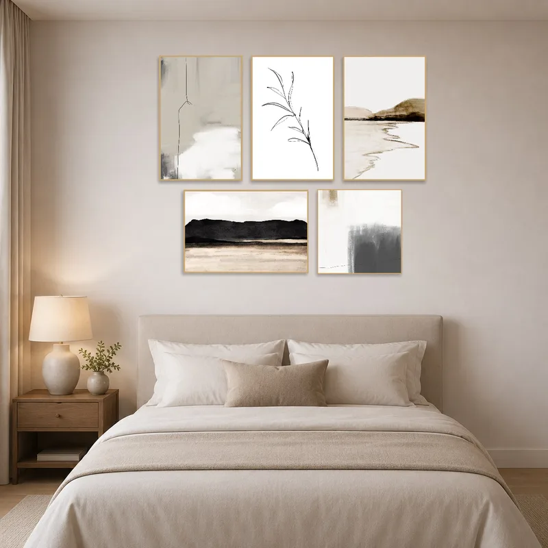 Serene art set adding tranquility to a bedroom wall.