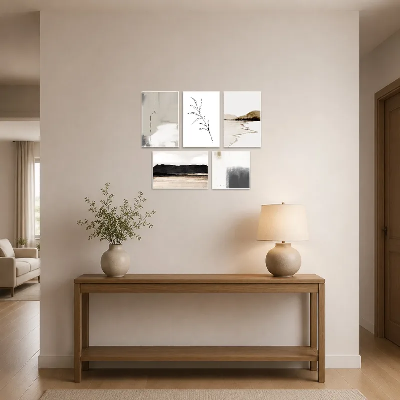 Art set greeting visitors in an elegant entrance hall.