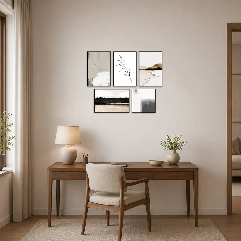 Minimalist abstract pieces inspiring creativity in a home office.