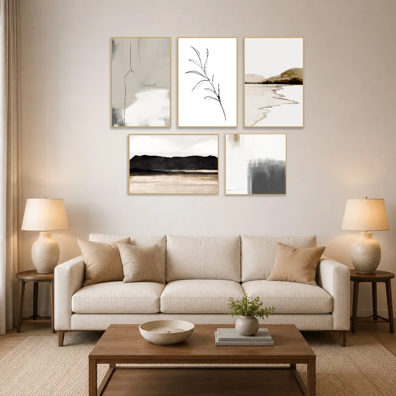 Set of abstract art pieces on a living room wall above a modern sofa.