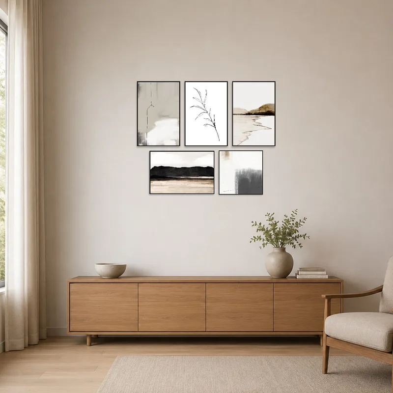 Minimalist art set displayed on a plain white wall in a sleek room.