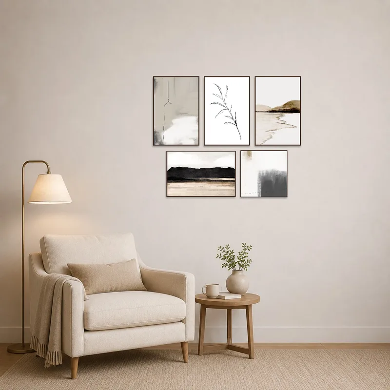 Abstract art set enhancing a cozy reading corner atmosphere.