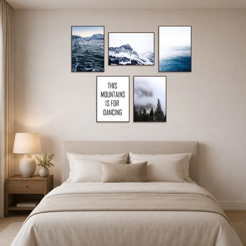Tranquil snowy landscape with motivational words in a bedroom.