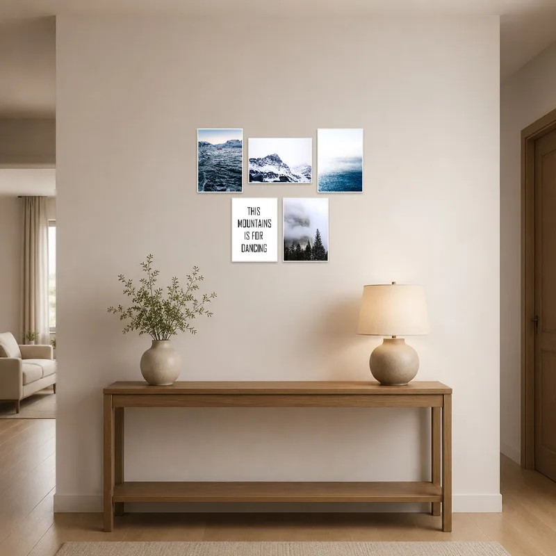 Uplifting winter artwork welcoming guests in an entrance hall.