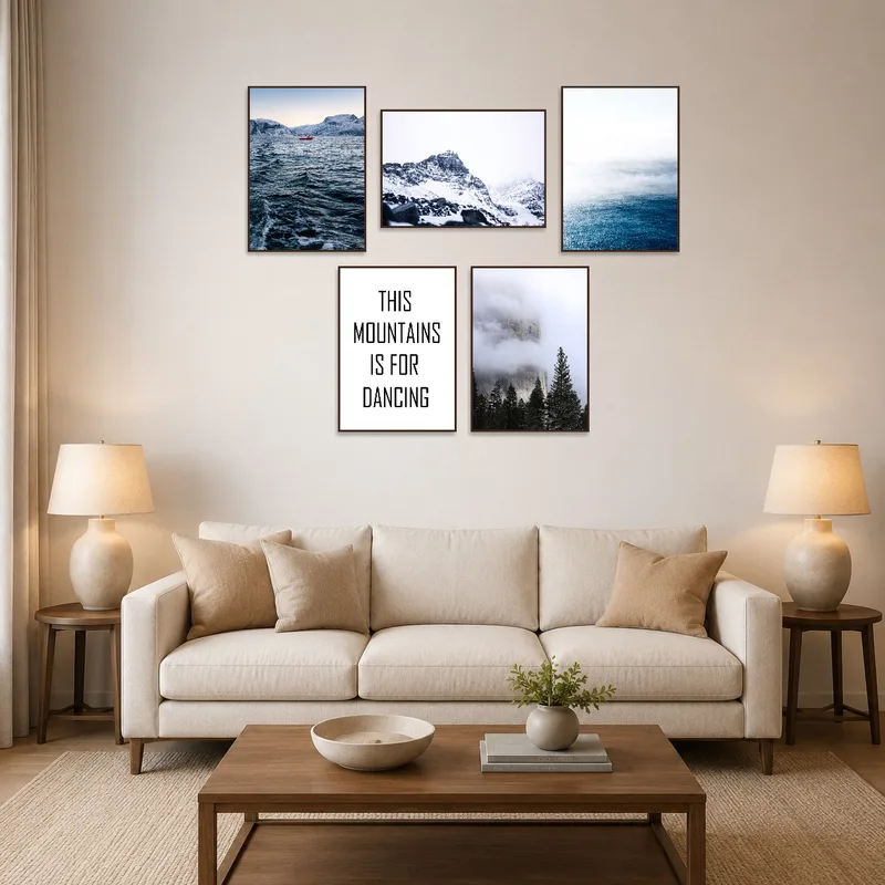 Winter landscape with text above a cozy sofa in a living room.