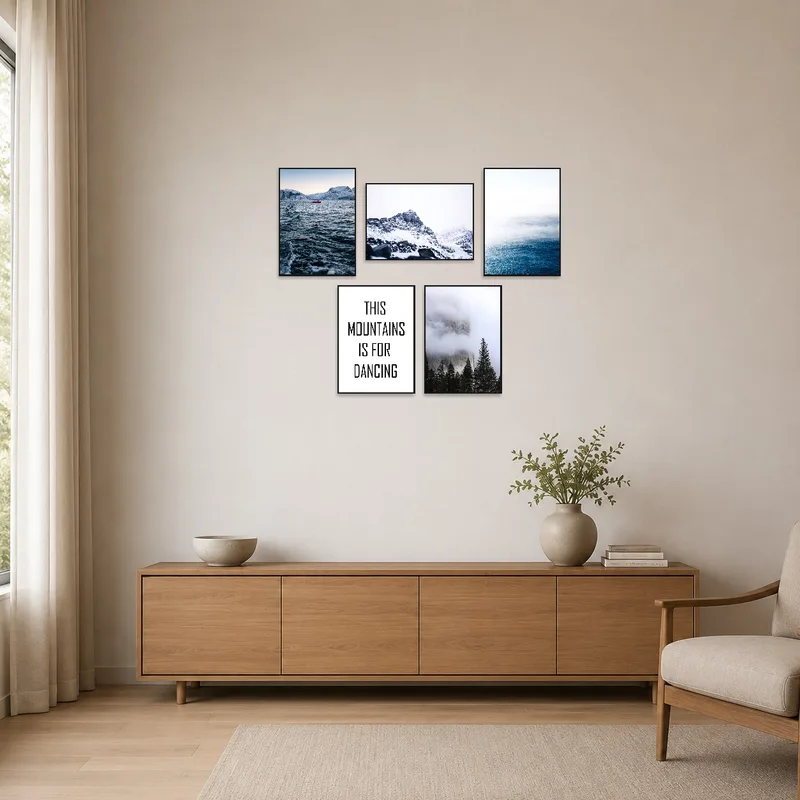 Motivational snowy scene in an uncluttered minimalist room.