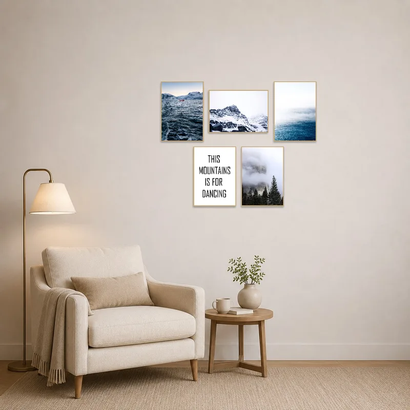 Calming snow scene with text beside a comfy reading chair.