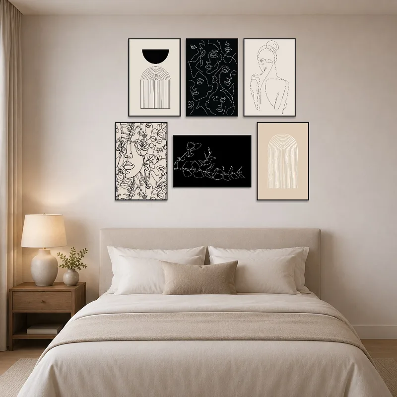 In the bedroom, geometric and line art pieces create a soothing, elegant ambiance.