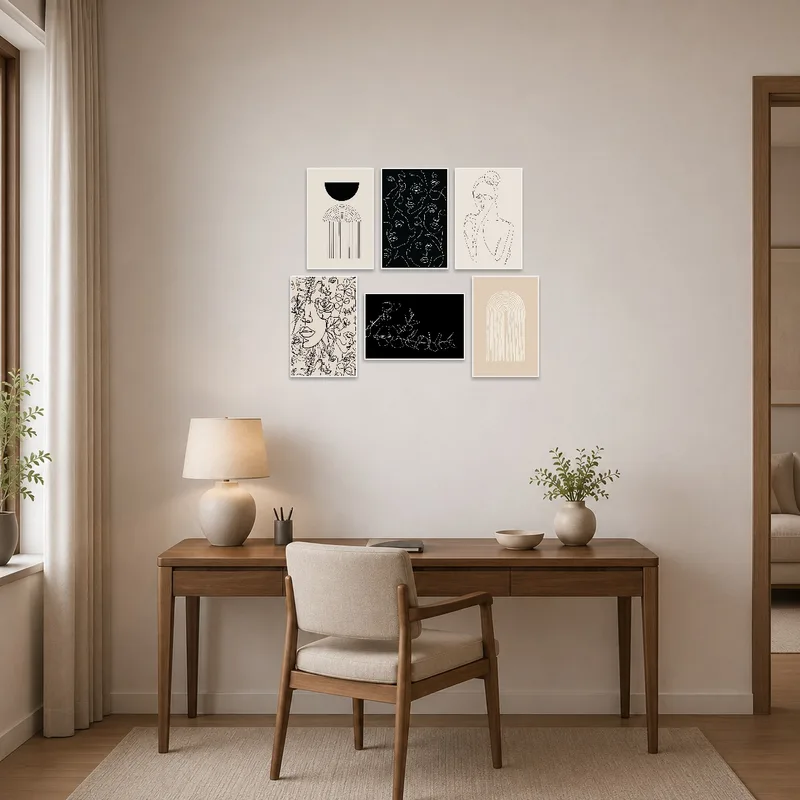 Geometric and line art compositions in the home office inspire a creative, organized space.