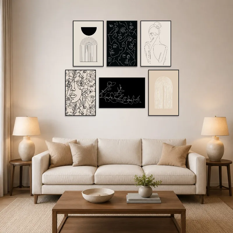 A set of geometric and line art compositions on a living room wall adds a modern touch.