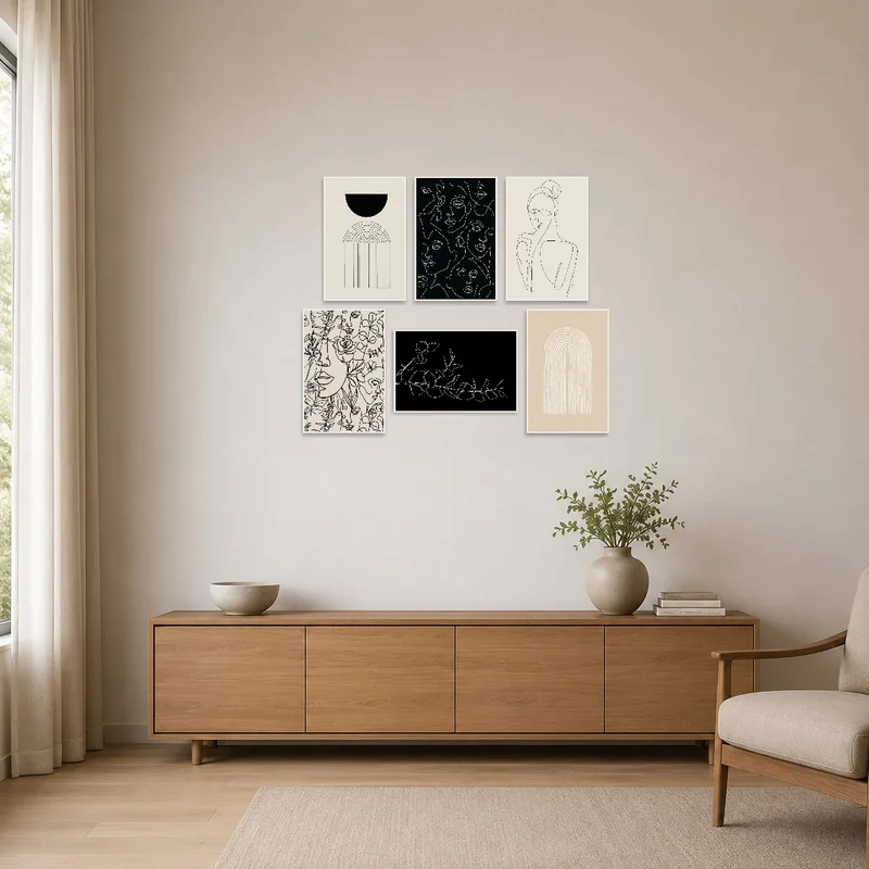 Geometric and line art pieces complement the minimalist room design with a clean look.