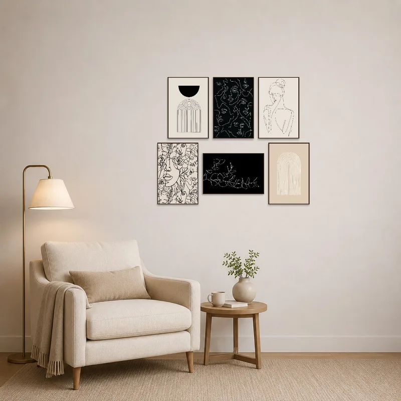 Line art and geometric compositions provide an artistic touch to the cozy reading corner.